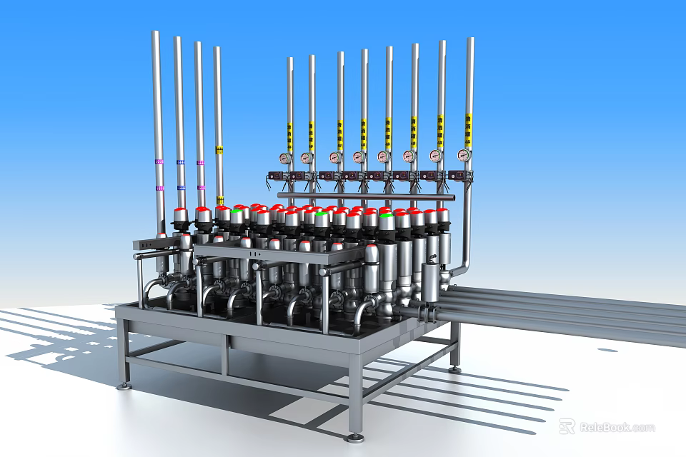 Industrial Equipment With Multiple Vertical Columns And Mechanical Components On Metal Frame 3d model 