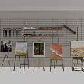 Art Supplies and Musical Instruments Display with Easels Paintings Brushes and Paints