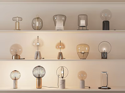 Modern Table Lamps Display on Shelves with Various Designs Glass Metal Bases and Different Shapes 3d model