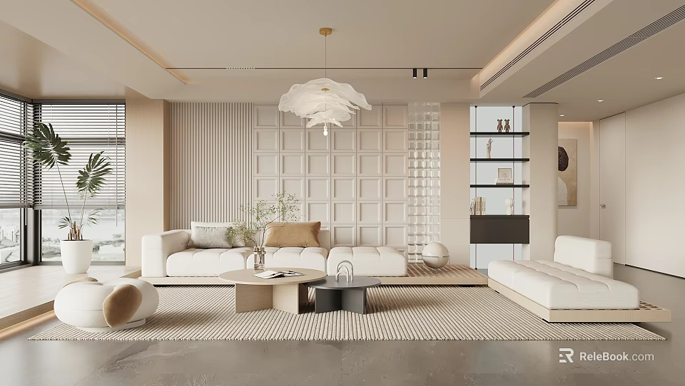 Modern Minimalist Living Room Interior With White Sofa Pendant Light Paneled Wall And Coffee Tables 3d model 