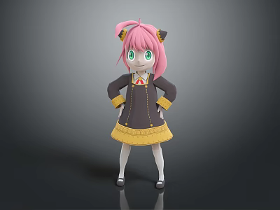 Pink Haired Green Eyed Girl With Cat Ears In Black Yellow Outfit And Bow Tie 3d model