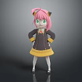Pink Haired Green Eyed Girl With Cat Ears In Black Yellow Outfit And Bow Tie