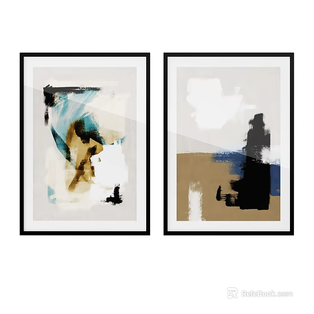 Two Modern Abstract Paintings In Black Frames With Beige And Blue Tones 3d model