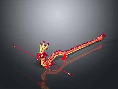 Dragon Dance Performer With Red Dragon 3D Model Featuring Golden Decorations Long Body And Horns 3d model