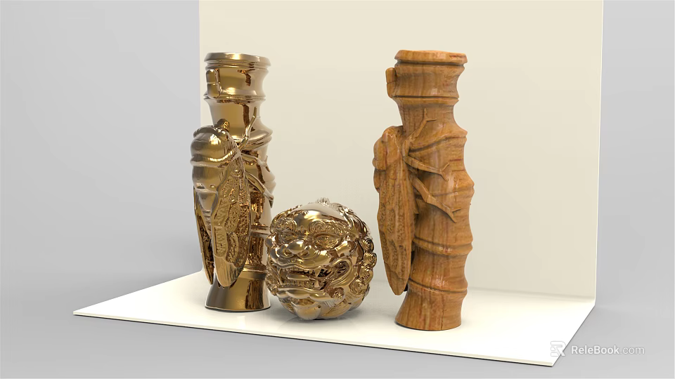 Golden And Wooden Decorative Ornament Set With Intricate Carved Patterns Spherical And Column Shapes 3d model 
