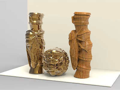 Golden And Wooden Decorative Ornament Set With Intricate Carved Patterns Spherical And Column Shapes 3d model