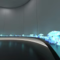 Art Installation In Circular Gallery With Gray Walls Blue Light Spots Black Floor And Person Photographing
