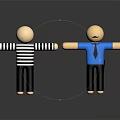 Two Cartoon Characters In Striped And Blue Shirts With Outstretched Arms On Gray Background