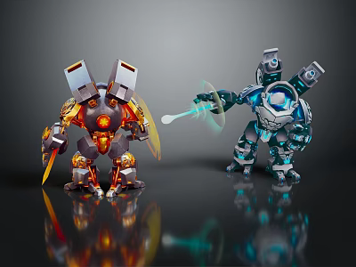 Two Robot Characters With Fire And Ice Elements Holding Weapons On Black Reflective Surface 3d model
