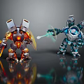 Two Robot Characters With Fire And Ice Elements Holding Weapons On Black Reflective Surface 3d model