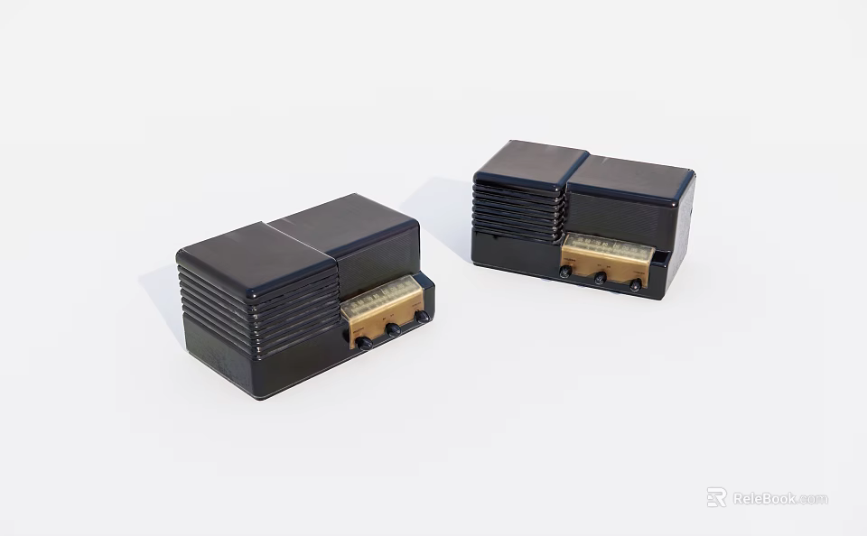 Two Black Electronic Devices With Square Design And Golden Connectors 3d model 