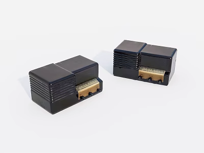 Two Black Electronic Devices With Square Design And Golden Connectors 3d model