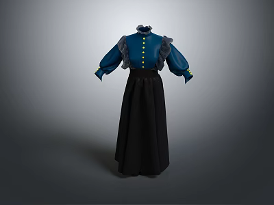 Vintage Blue High Collar Blouse With Yellow Buttons Ruffled Cuffs And Black Long Skirt 3d model