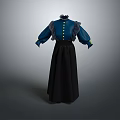 Vintage Blue High Collar Blouse With Yellow Buttons Ruffled Cuffs And Black Long Skirt