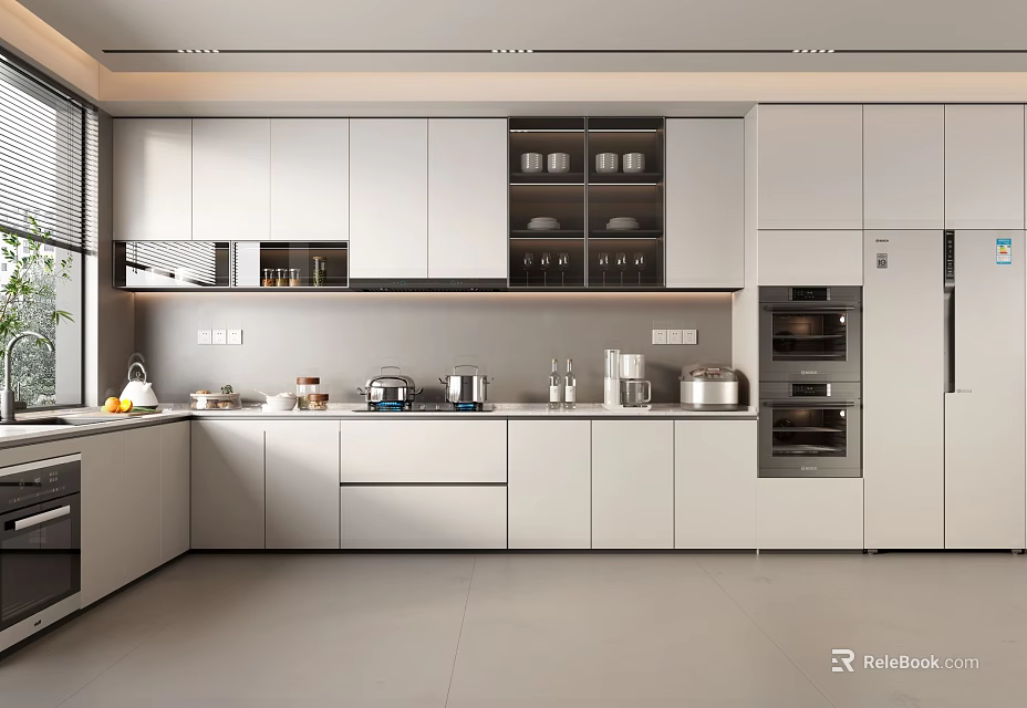 Modern White Kitchen Interior Design With Cabinets Appliances Countertop And Window Blinds 3d model 