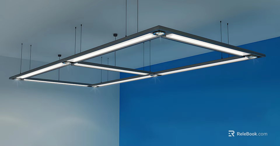 Stylish Modern Linear Chandelier Featuring LED Lights and Geometric Design Against Blue Wall Interior 3d model 