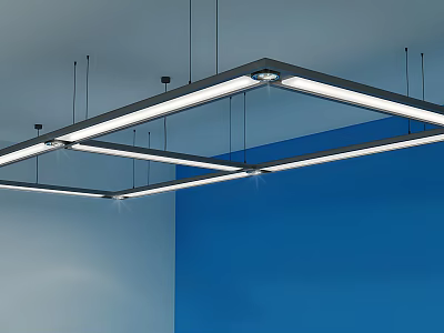 Stylish Modern Linear Chandelier Featuring LED Lights and Geometric Design Against Blue Wall Interior 3d model