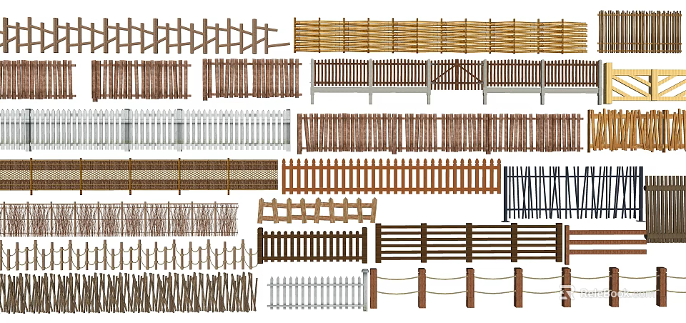 Various Types of Fences with Wooden Bamboo Metal and White Picket Styles 3d model 