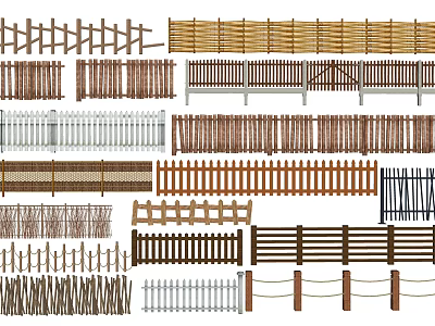 Various Types of Fences with Wooden Bamboo Metal and White Picket Styles 3d model