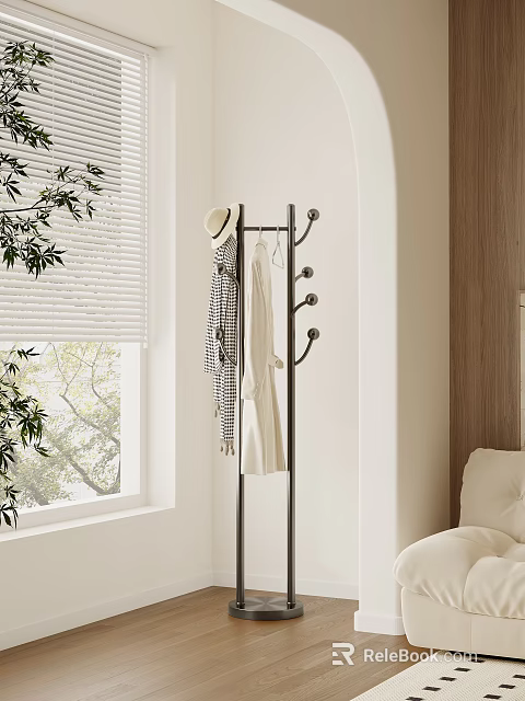 Minimalist Indoor Coat Rack With Hanging Clothes And Hat 3d model 
