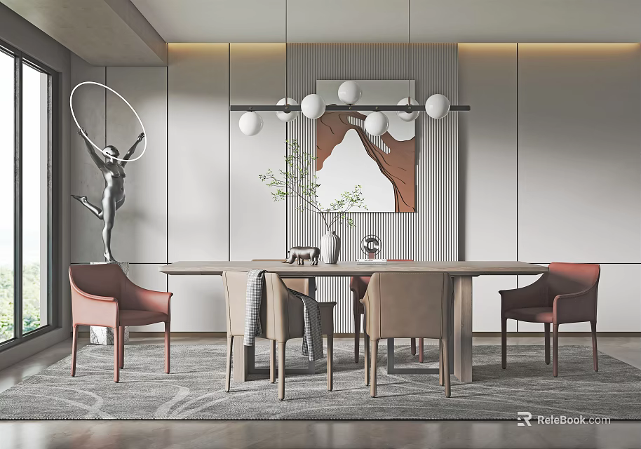 Modern Dining Table Set With Red Brown Chairs Pendant Lights Wall Art And Gray Rug 3d model 