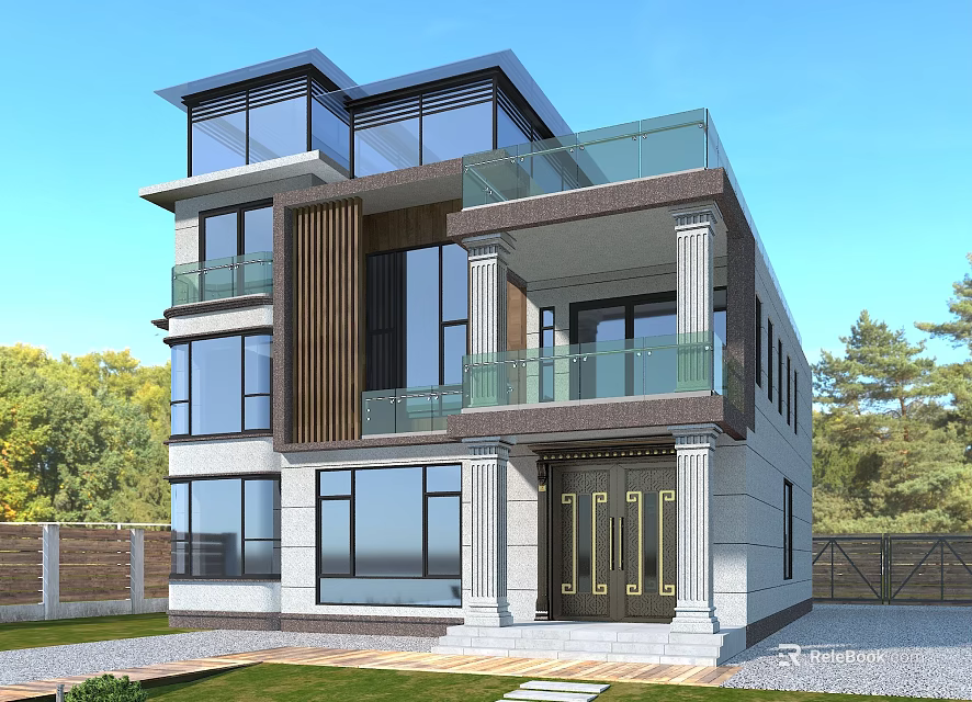Modern Detached Villa Exterior With Large Glass Windows Balcony Pillars And Golden Door 3d model 