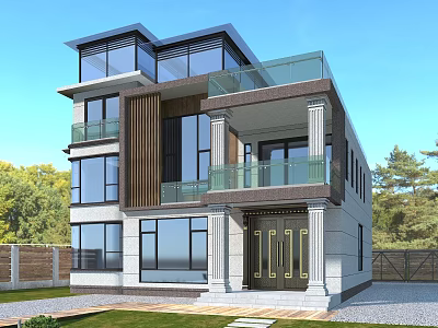 Modern Detached Villa Exterior With Large Glass Windows Balcony Pillars And Golden Door 3d model