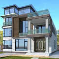 Modern Detached Villa Exterior With Large Glass Windows Balcony Pillars And Golden Door