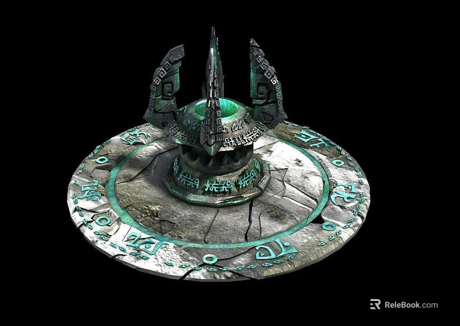 Ancient Mystical Stone Device With Circular Base Carved Symbols Spiked Top And Side Ornaments 3d model 