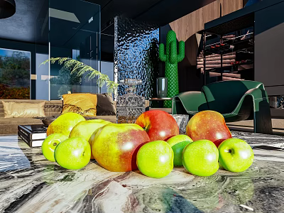 Fresh Green and Red Apples on Marble Table in Modern Interior with Sofa and Cactus 3d model