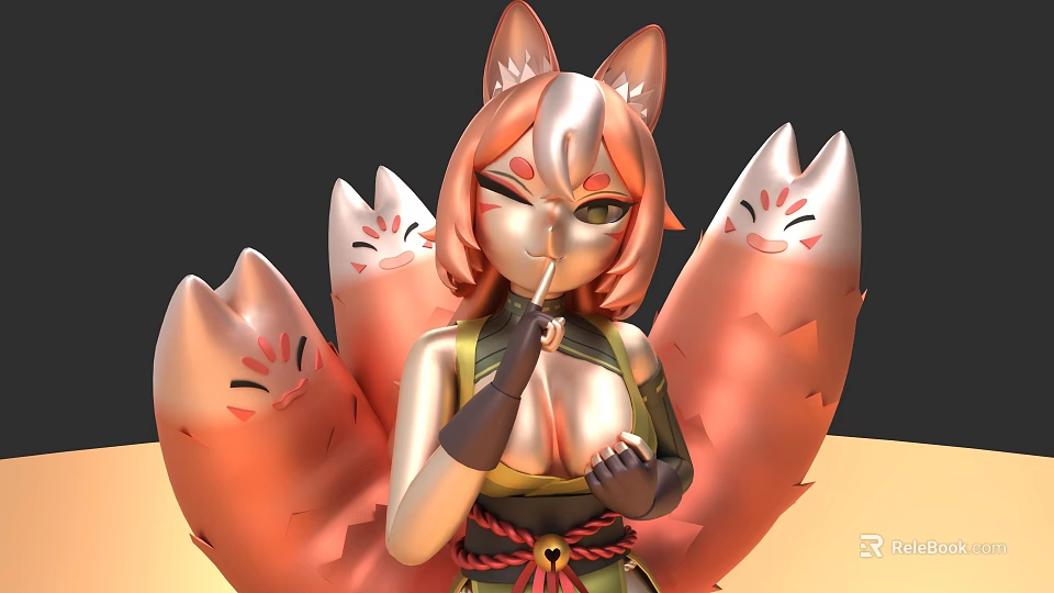 Anime Style Woman Featuring Fox Ears Multiple Tails And Smiling Tail Designs 3d model 