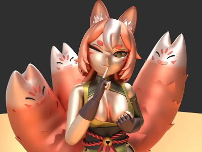 Anime Style Woman Featuring Fox Ears Multiple Tails And Smiling Tail Designs 3d model