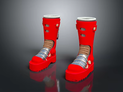 Red High Top Platform Boots With Silver Accents White Trim And Perforated Details 3d model