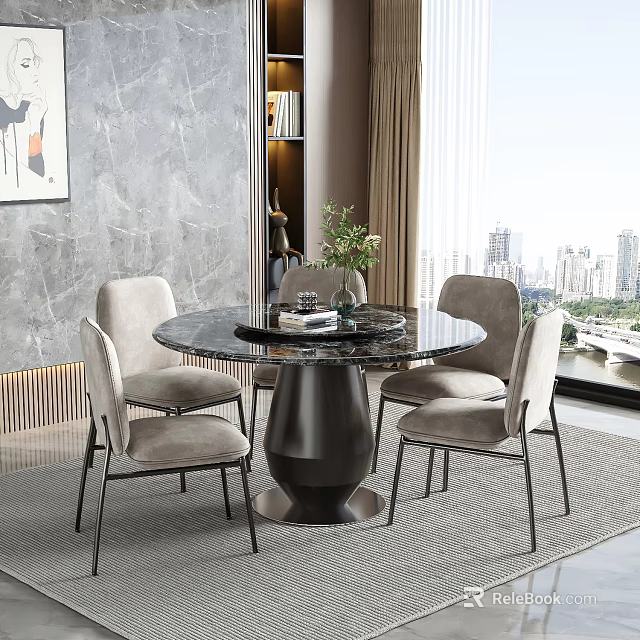 Modern Round Black Dining Table Set with Four Light Gray Chairs City View Green Plant 3d model 