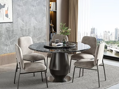 Modern Round Black Dining Table Set with Four Light Gray Chairs City View Green Plant 3d model