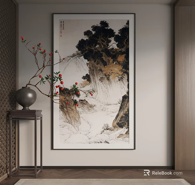 Chinese Landscape Painting With Mountains Waterfall Trees And Red Berry Branch Decor On Dark Shelf 3d model 