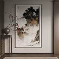 Chinese Landscape Painting With Mountains Waterfall Trees And Red Berry Branch Decor On Dark Shelf