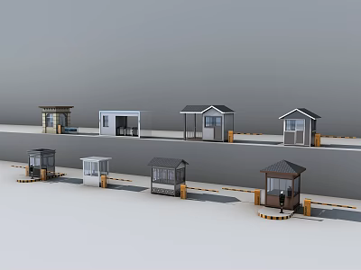 Different Styles Of Security Guard Booths Showcasing Gabled And Flat Roof Designs 3d model