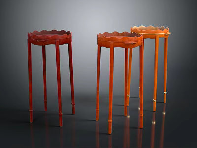 Three Red and Orange Garden Decorative Pedestal Tables with Scalloped Tops and Slender Legs 3d model