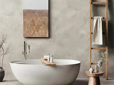 Freestanding White Bathtub With Wooden Ladder Towel Wall Painting And Decorative Items 3d model