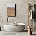 Freestanding White Bathtub With Wooden Ladder Towel Wall Painting And Decorative Items