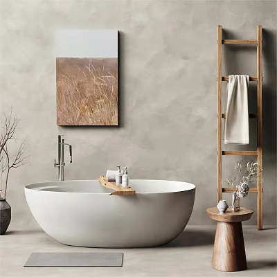 Freestanding White Bathtub With Wooden Ladder Towel Wall Painting And Decorative Items 3d model