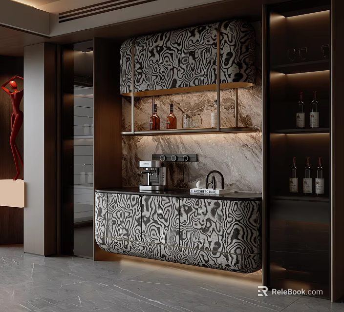 Luxurious Modern Sideboard With Patterned Panels Marble Top And Wine Bottle 3d model