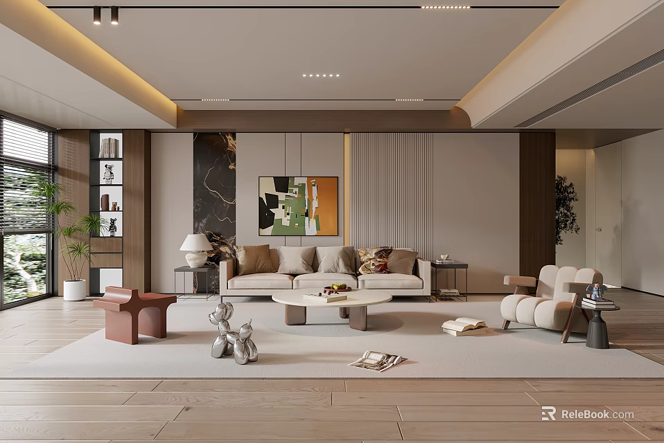 Modern Living Room Interior With Beige Sofa Coffee Table And Decorative Art 3d model 