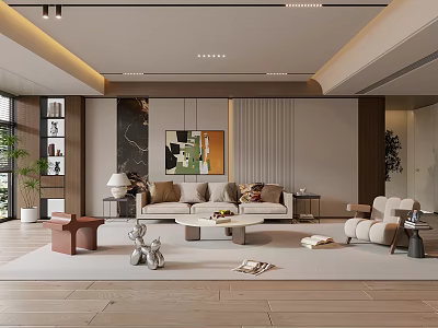 Modern Living Room Interior With Beige Sofa Coffee Table And Decorative Art 3d model