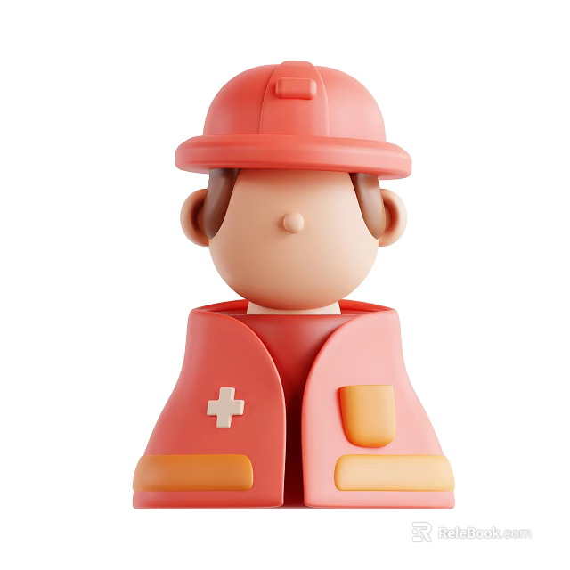 Cartoon Game Movie Character In Red Firefighter Helmet Red Coat With White Cross Yellow Pockets 3d model 