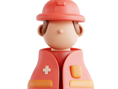 Cartoon Game Movie Character In Red Firefighter Helmet Red Coat With White Cross Yellow Pockets 3d model