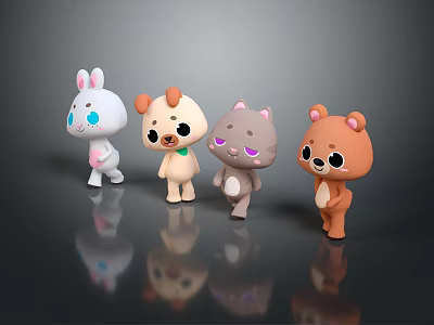 Cute Cartoon Characters With Rabbit Puppy Cat And Bear Standing Together 3d model