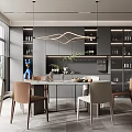 Modern Restaurant With Grey Cabinets Wine Racks Hanging Light Marble Dining Table And Green Plant
