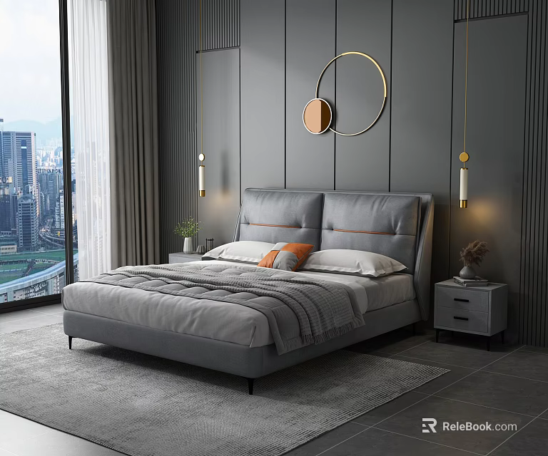 Modern Double Bed With Gray Headboard Orange Cushions Nightstand And City View 3d model 